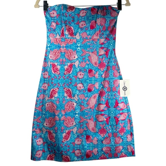 NWT Kaeli Smith Mini Strapless Dress Women's 2 Blue Pink Tropical Cruise Beach - Picture 1 of 10